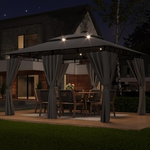 TRIUMPHKEY Pavillon 3x4 Wasserdicht Stabil Winterfest, Garten Pavillion mit seitenwänden, UV-Schutz 50+, Plane Gartenlaube, Metallrahmen Pavillon, Patio Gazebo, Grau mit LED