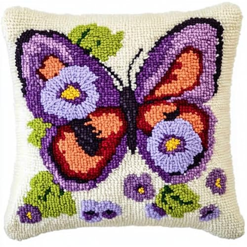 AxiangziK Kit gancio di chiusura fai-da-te,Bellissimi fiori viola e farfalle,kit gancio di chiusura per cuscino stampato gancio di chiusura fai da te per principiant,43x43cm