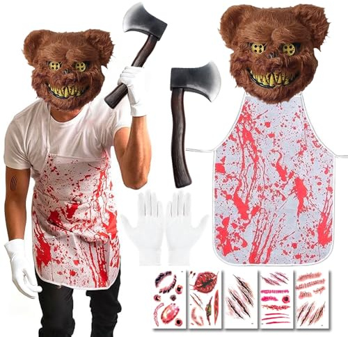 Disfraz de Carnicero de Halloween, Asesino en Serie Disfraces, Oso Asesino Disfraces, Máscara de Oso Sangriento, Delantal Sangriento, Cuchillo Sangriento, Pegatinas Cicatriciales, Guantes de algodón