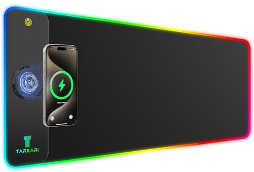 TARKARI Magnetic Wireless Charging RGB Mouse Pad, Large Gaming Desk Mat Waterproof, 31.5x11.8 Black Mousepad, Ultra-Smooth Surface, Non-Slip Rubber Base, Desk Pad for Keyboard Laptop