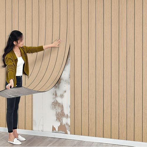 5Roll Thick Faux Wood Slat Wallpaper, Peel and Stick 3D Foil Insulation Self Adhesive Wall Panels Wallpaper Brown Sound Absorbing Wooden Slats for Bathroom, Bedroom, Kitchen, Living Room 40cm*3m