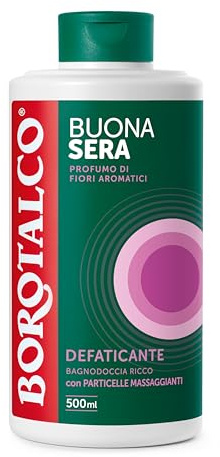 Borotalco, Bagnodoccia Buonasera Defaticante, con Particelle Massaggianti Biodegradabili e Profumo di Fiori Aromatici, Texture Cremosa, Dona Relax e Confort, Ideale per la Sera, Flacone 500 ml