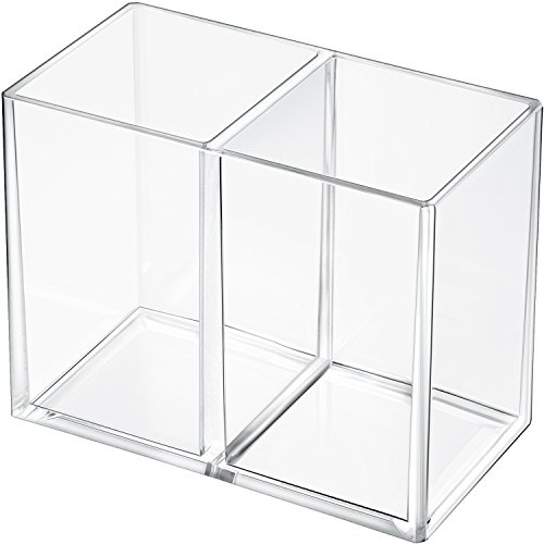 Gejoy Acrylic Pencil Pen Holder Clear Makeup Brush Organizer 2 Compartments for Desktop Stationery Office Bedroom