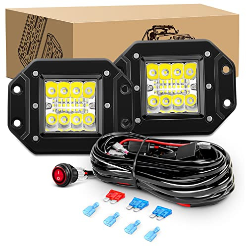GOOACC Flush Mount LED Pods 2PCS 42W Led Light Bar Upgraded Spot Flood Combo LED Work Light Off Road Backup Fog Lights with 16AWG Wiring Harness-2 Leads for Truck Bumper Boat 4x4 (Auto-201)