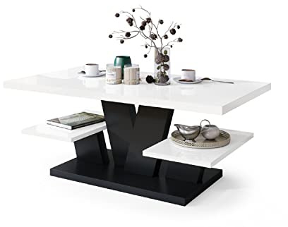 All4All Couchtisch Valerio - Wohnzimmertisch - Kaffeetisch – Tisch mit Ablagen - Esszimmertisch - Coffee Table - 110x60cm - 05- Weiß Hochglanz + Schwarz