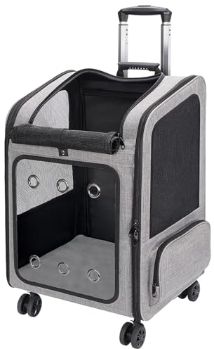 FASRIOU Großer Hundetransportbox mit Rollen, Faltbarer Transportbox Katze Groß, Hunderucksack bis 15 kg, Transportboxen für große Katze und kleine Hunde mit transparentem Fenster, Grau