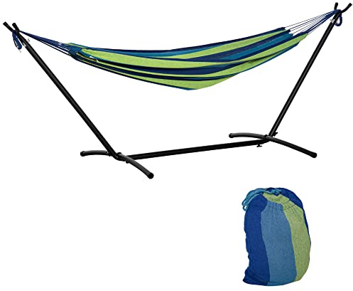 Outsunny Hamaca con Soporte 310x117 cm Altura Ajustable Rayas Verde y Azul | Hamaca de Camping, Bolsa de Transporte Portátil, Carga 120 kg, para Patio Terraza