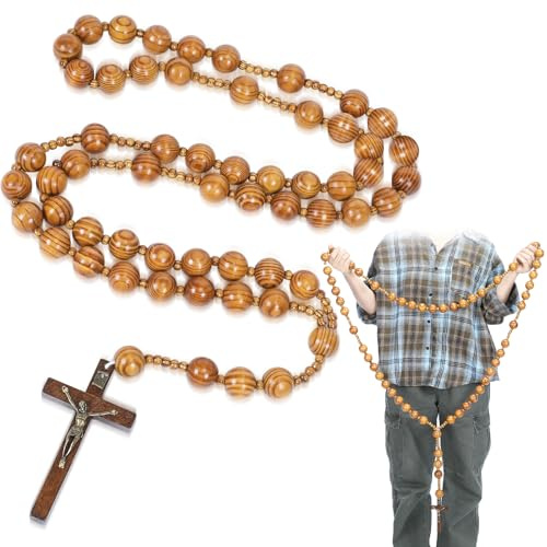 Bucherry 59 Inches Super Jumbo Holy Mix Beads Wall Display Solid Wood Rosary Catholic Holy Big Mix Beads Wall Rosario Natural Wood Chain Jesus Cross, 8.3L x 7.7W