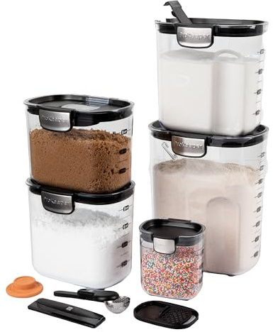 ProKeeper+ Airtight Food Storage Container Set – Clear Plastic Flour and Sugar Canister Set with Magnetic Accessories for Kitchen Organization (Black, 9-Piece)
