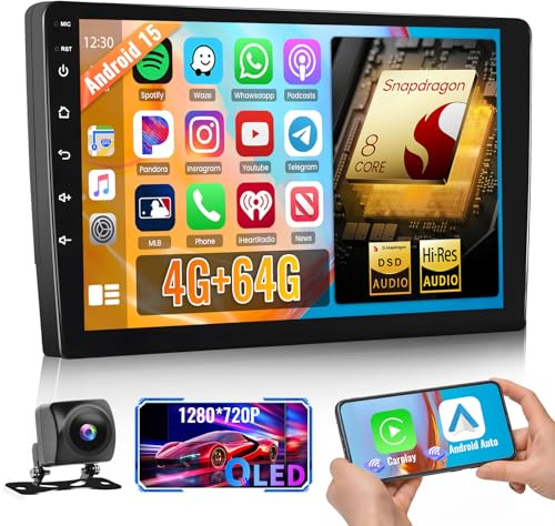 Hikity Qualcomm Snapdragon 8 Core 4+64G Android 15 Autoradio 2 DIN Wireless CarPlay Android Auto QLED Pantalla 9 Pulgadas Mirror Link BT5.1/3D-Automodell/DSP Hi-Res/GPS WiFi FM RDS SWC
