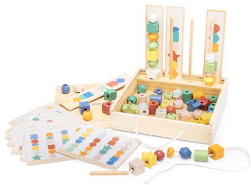 Woet - Wooden Lacing Beads Toy for Kids Age 3+ – Educational Sequencing Game with Shapes & Patterns – FSC Montessori Fine Motor Learning Set in Storage Box – Preschool Gift for Boys and Girls