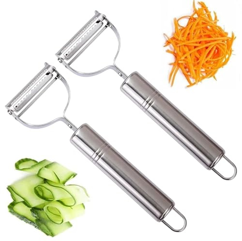 2-teiliger Kartoffelschäler & Julienne-Schneider Set – Multifunktionaler Gemüseschäler aus Edelstahl, Sparschäler mit ergonomischem Griff für Karotten, Zucchini, Spiralschneider, Spülmaschinenfest