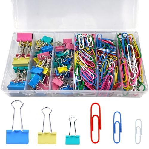 320 Stück Binderklammern und Büroklammern Set Bunt,25mm/19mm/15mm Größen, Groß, Klein Foldback Binderklammern,50mm/33mm/28mm Metall Büroklammern Büromaterial Papierklammern für Schule Büro Dokumente