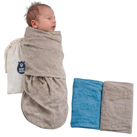 BabyBliss BlissSnug Baby Pucksack 2er-Set – Bio-Baumwolle – Pucktuch mit Reißverschluss für Neugeborene 0–3 Monate (Ciel & Grey)