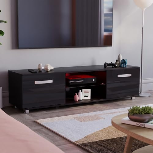 Vida Designs Cosmo LED TV Unit 2 Door Modern Gloss Matte MDF Living Room Cabinet Media Stand Furntiure RGB Light Black 140cm