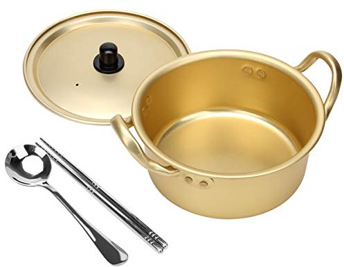 Korean Ramen Cooking Pot, AHIER Korean Ramen Noodle Pot With Lid, Spoon and Chopsticks (1pair), Fast Heating for Kitchen Cookware (Double handle) (6.3in)