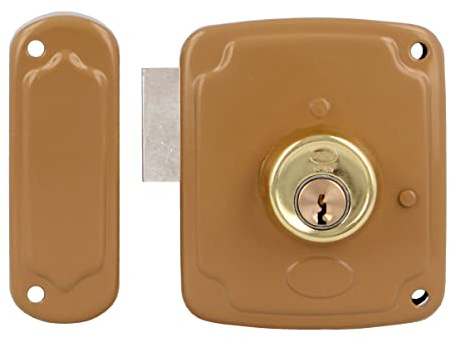 Amig - Cerradura de Sobreponer de Izquierda con Palanca de Cierre y Lengüeta para Puertas de Madera Mod. 72PU 120 x 95 mm Pestillo con Cilindro Redondo Acero Dorado