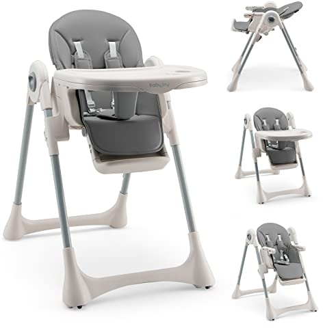 COSTWAY Adjustable Baby Highchair, Foldable Reclining Infants High Chair with Removable Double Trays, Safety Harness and Footrest, Suitable for from 7 Months to 25kg (Grey)