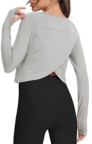 Bestisun Split Back Workout Long Sleeve Shirts Exercise Sports Clothes Activewear Running Tops for Women Gray S