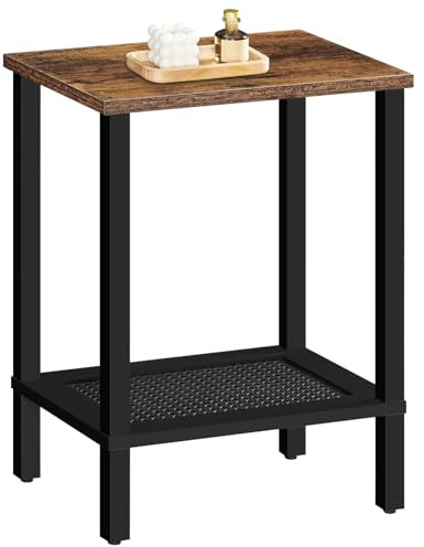HOOBRO End Table, Small Side Table with 2-Tier Storage Shelves, Nightstand with Faux Rattan Decoration, for Small Space, Living Room, Bedroom, Rustic Brown and Black BF91BZ01