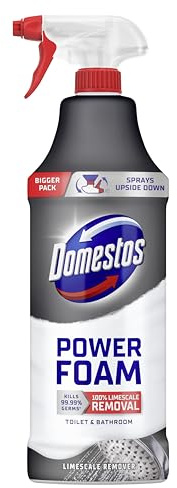 Domestos Power Foam Limescale Remover Toilet & Bathroom Cleaner Spray sprays upside down & eliminates 99.99% of germs* for 100% limescale removal inside the toilet & around the bathroom 650 ml