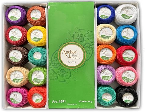 Colourful Anchor Crochet Yarn 20 Balls - Pearl 100% Cotton Embroidery Balls - Each Thread Ball Weighs (10g/0.35oz) 85 Mtr Approx Cotton Yarn Pack of 20 Assorted Coloured