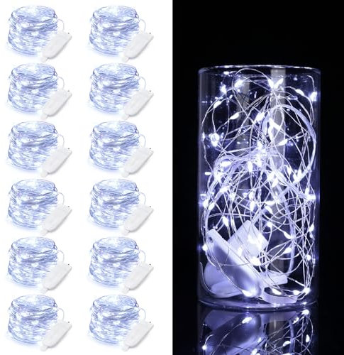 Encham 12 Stück Lichterkette Batterie Weiß Lichterketten aus Kupferdraht 2m 20 LED Knopfzelle Partybeleuchtung für Weihnachten Halloween Party Hochzeiten Innen und Außen Weihnachtsdeko