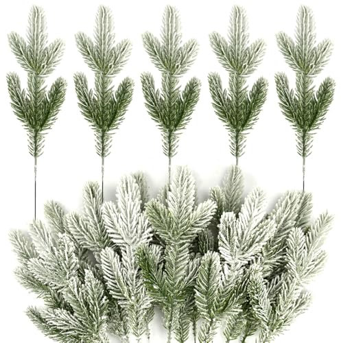 KARBAG 30Pcs Frosted Pine Needle Branches, 26cm Artificial Snowy Twigs with Winter Fir Sprays - Faux Christmas Pine Picks for DIY Garland Wreath Xmas Decor
