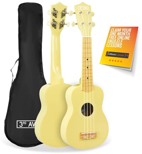 3rd Avenue Soprano Ukulele Beginner 21 Inch 4 Nylon Strings with Free Uke Bag - Pastel Yellow - FREE 1 Month Online Lessons