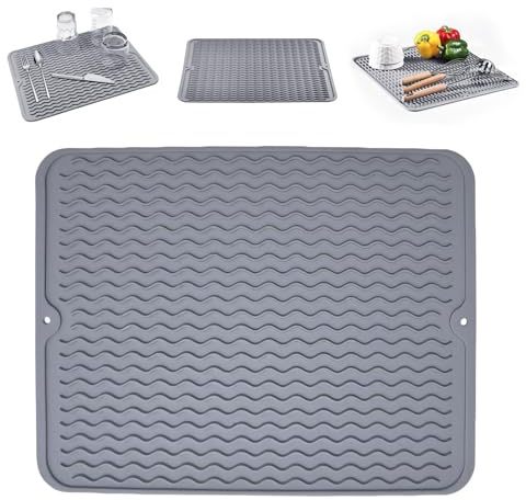 Bodiiwuliu 30 * 40cm Tapis égouttoir Vaisselle Antidérapant, Tapis Egouttoir Vaisselle Silicone, Caoutchouc à Structure Rainurée, Résistant À la Chaleur et Antidérapant, Facile à Nettoyer(Gris)