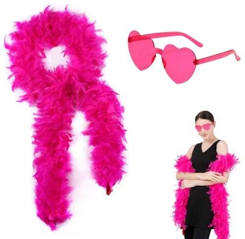 Disfraz Kostüm Damen Rosa Fucsia - Set de Boa de Plumas 2M + Gafas Divertidas, Accesorios para Carnaval, Boda, Halloween, Cosplay y Festivales