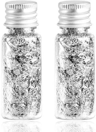 Hoja de plata para decoración de tartas, 2 botellas de hojas plateadas, colocación de hojas de oro para manualidades, lámina de plata para mujer, decoración de joyas de manicura, pintura de escritura