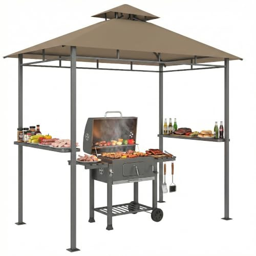 Outsunny Abri Barbecue Extérieur Double Toit Métal 245x146x255cm Marron | Tonnelle de Jardin, 2 Étagères Latérales, pour Fêtes, Pique-Nique, Terrasse