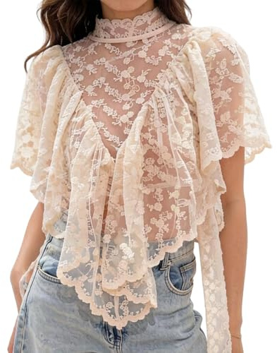 Edhomenn Haut bohème transparent en dentelle pour femme - Manches courtes - Col montant - Ourlet asymétrique - Broderie florale transparente - Haut court d'été Y2k