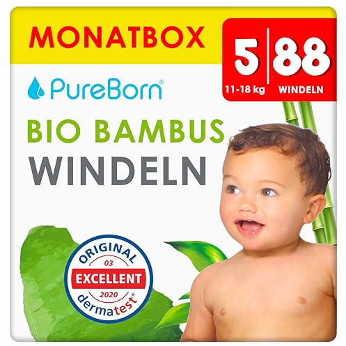 PureBorn 88 Couches Taille 5 (12-17 kg), Ultra-Absorbantes, Hypoallergéniques, Couches douces pour Bébé 12-24 mois, Testées Dermatologiquement, Anti-fuites, Écologiques en Bambou Naturel