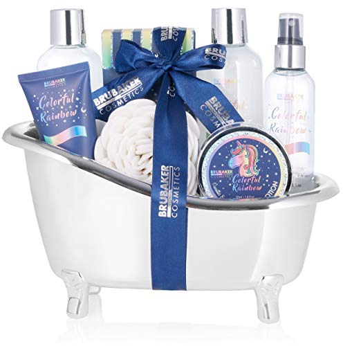 BRUBAKER Cosmetics 8-tlg. Einhorn Beauty Set Colorful Rainbow mit Vanille Lavendel Duft in Wanne Silber