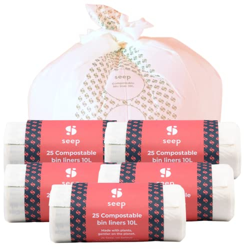 Seep Compostable 125 x 10 Litre Bin Bags - 10L Eco Friendly Bin Liners - Food Waste Caddy Liners - Biodegradable Waste Paper Bin Liners Clear | 5 Rolls