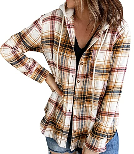 Générique Chemisier à Carreaux Chemise Femme Blouse Chic avec Bouton en Flanelle à Manches Longues Retroussée Style de Boyfriend Casual Veste Polaire avec Capuche (Café, S)