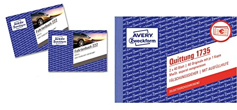 AVERY Zweckform 222-2 Fahrtenbuch für PKW im 2er-Pack (vom Finanzamt anerkannt, A6 quer, 80 Seiten) & 1735 Quittungsblock (A6 quer, 2x40 Blatt, mit Durchschlag, fälschungssicher) weiß/gelb