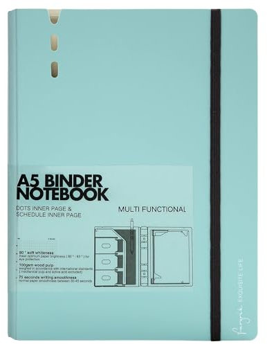 CAGIE A5-Ordner, 6-Ringbuch, Notizbuch mit Trennblättern, nachfüllbarer Planer mit Taschen, A5-Nachfüllpapier, inklusive Planung, quadratisch, linierte und gepunktete Seiten, 17,8 x 23,6 cm, Blau