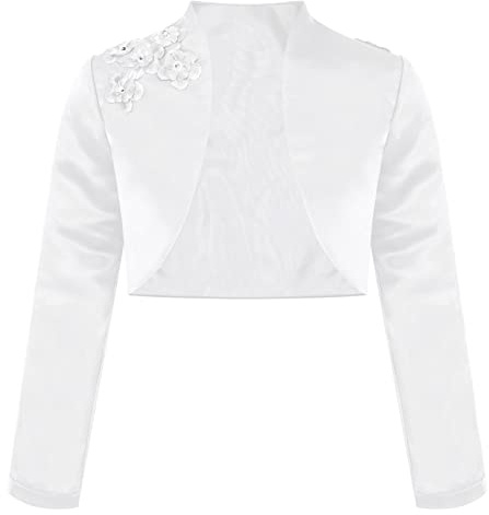 MSemis Mädchen Strickjacke Basic Weiß Bolero Kinder Langarm Satin Schulterjacke Bolerojäckche Top Partykleid Kommunionkleid Taufkleid Weiß E 146-152