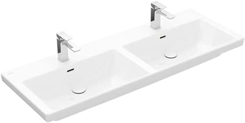 Villeroy & Boch Subway 3.0 Schrank-Doppelwaschtisch, 1300 x 470 mm, ohne Hahnloch, ohne Überlauf, ungeschliffen, 4A71D3, Farbe: Stone White, Ceramic Plus