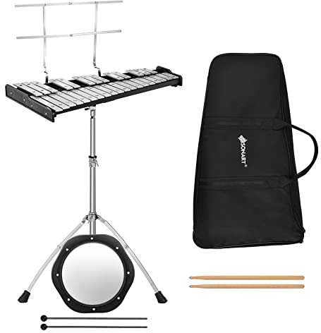 COSTWAY Glockenspiel 32 Tönen Xylophon mit verstellbarem Ständer, 20cm Übungspad, Schlägeln und Tragetasche, Percussion Schlaginstrument Alu