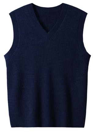 ZHILI Maglia a Maglia Senza Maniche del Collo a V degli Uomini Tinta Unita_Dark Blue_Small