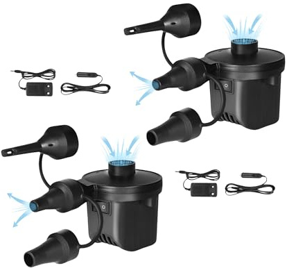 Bomba de Aire Eléctrica para Piscinas. Inflador – Desinflador Portátil para Colchonetas. Hinchador para Colchones, Flotadores, Envase al Vacío, con 3 Boquillas, 240V AC / 12V DC.
