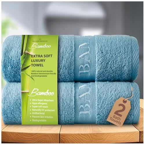 GC GAVENO CAVAILIA Natural Bamboo Bath Towels, 2 Pack, 70x120cm, Blue | 500 GSM, 60% Bamboo 40% Cotton, Ultra Soft & Highly Absorbent, Quick Dry, For Bathroom, Hotel, Spa & Gym
