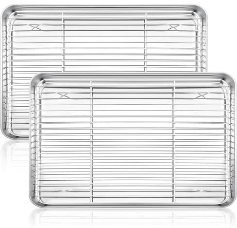HaWare Baking Tray with Rack Set of 4(2 Trays + 2 Racks), Stainless Steel Oven Cookie Sheet Pan with Cooling Rack, 31.4 x 24.6 x 2.5cm, Idea for Baking/Cooking/Drying, Mirror Finish & Dishwasher Safe