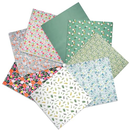 Tela de algodón, telas de patchwork, paquete de 8 piezas de 50 * 50 cm, tela de algodón multicolor para patchwork, costura, scrapbooking y manualidades DIY (flores verdes)