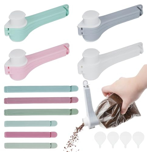 WRENYZK 10 clips de cierre, 4 clips de cierre con escurridor y 6 clips para bolsas, clips reutilizables para bolsas con 4 ganchos, clip de cocina, dispensador de aperitivos para cereales, aperitivos y