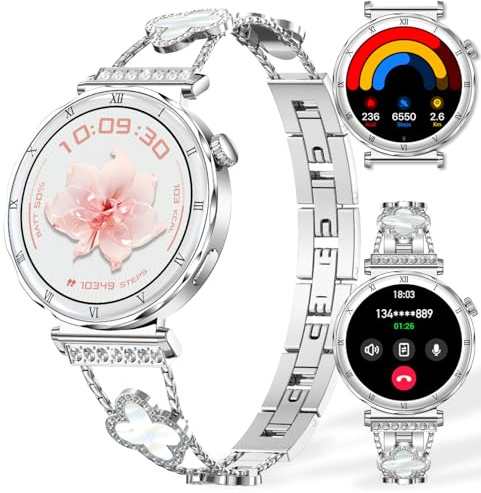 Bracciale smart AMOLED per donna, schermo HD da 1,2, cardiofrequenzimetro/monitor del sonno, chiamata Bluetooth, impermeabile (IP67), compatibile con iOS e Android (elegante argento RT-i222)